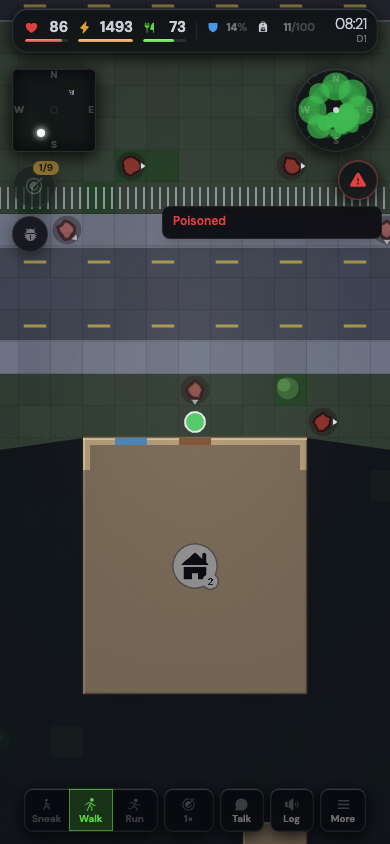 The survivor is poisoned. A red dial with a warning glyph sits under the sound radar on the right edge of the map, and a tap on it shows the name