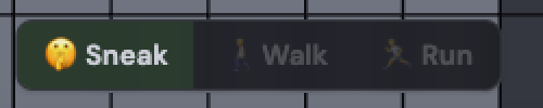 Close-up of the stance control: Sneak lit, Walk and Run dim beside it