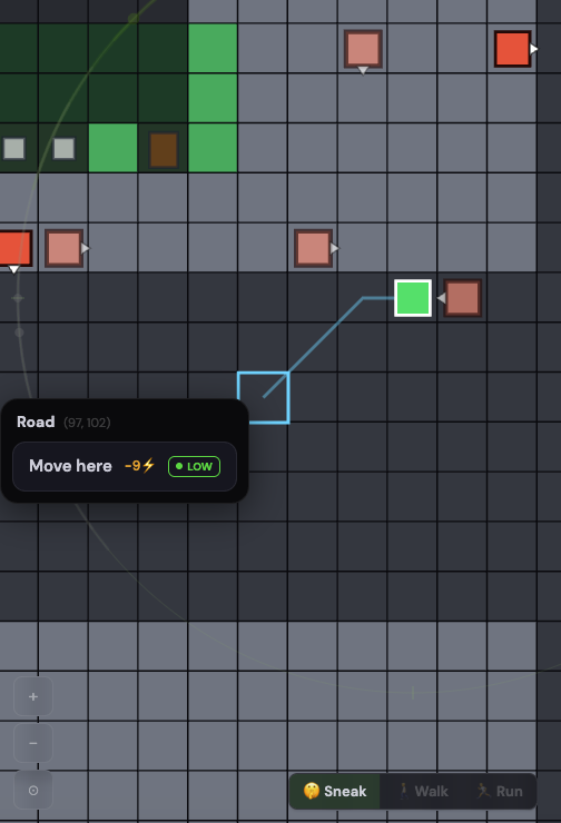 Sneaking past a zombie one tile away. The move shows what it costs and how loud it is, and the stance at the bottom stays set until you change it