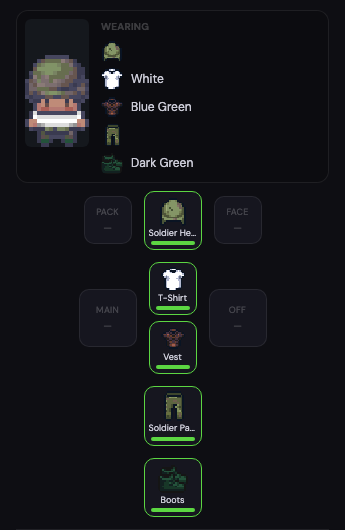 The gear panel in a full kit. Helmet, t-shirt, vest, pants and boots on, every bar green