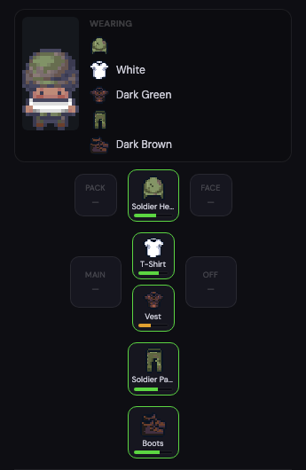A kit after a few minutes with four zombies on it. The vest bar has gone orange and is down to about a third. The others are still green but have each lost a third or more