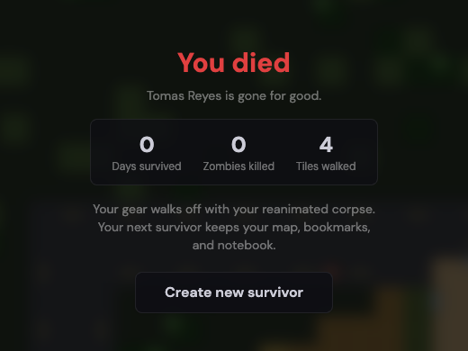 The death screen. Short on purpose. The counts are the whole obituary