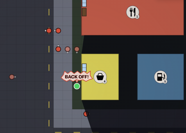 A survivor yells on the street. A spiked bubble says back off, and the two nearest above her have turned toward the noise