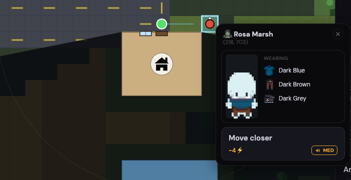 A zombie tapped on the street. Rosa Marsh, in a dark blue shirt, dark brown pants and dark grey shoes. You only learn the name when you stop to look