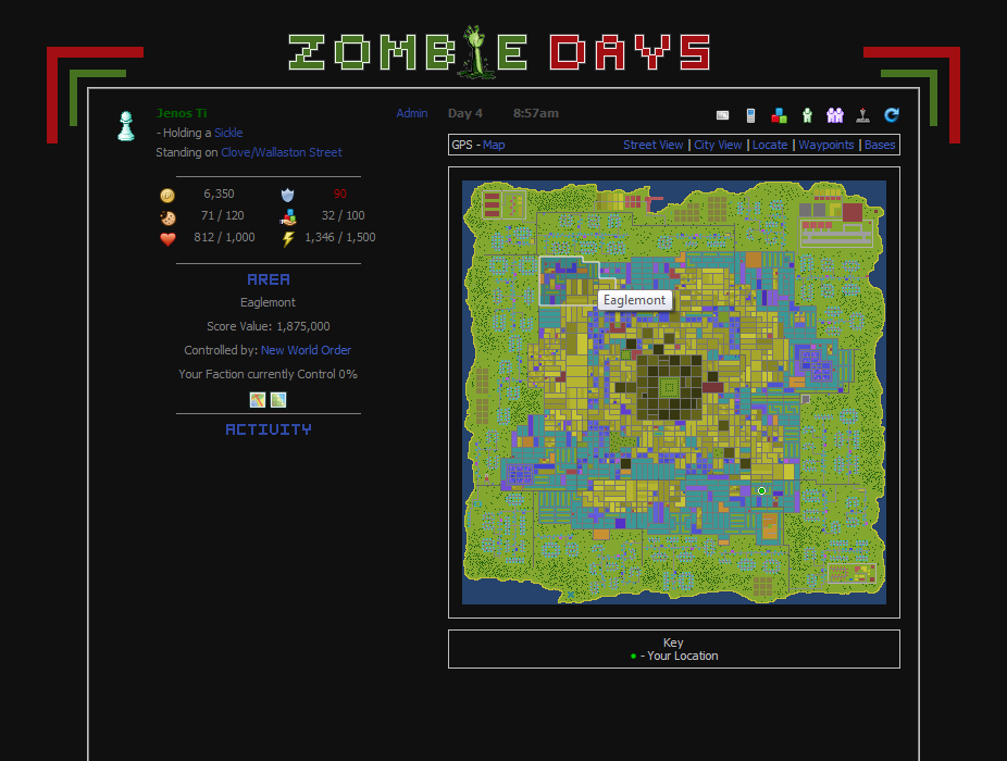 The Zombie Days city map, day 4, 8:57am