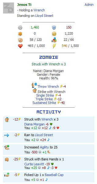 Zombie Days. Holding a wrench, a fight in the log, and a line saying agility went up to 25. That last line is the one I’m leaving out
