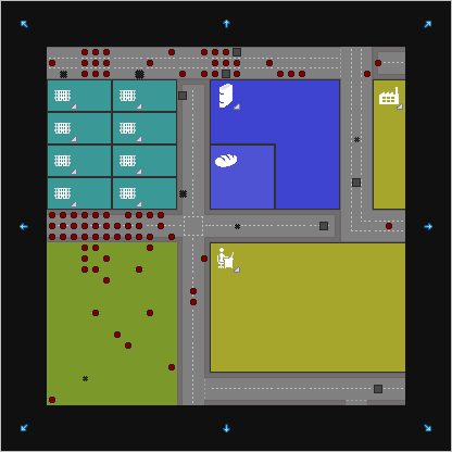 The animation from the Zombie Days front page. A street full of zombies, drawn as red dots, and a CRASH! popping up over a building